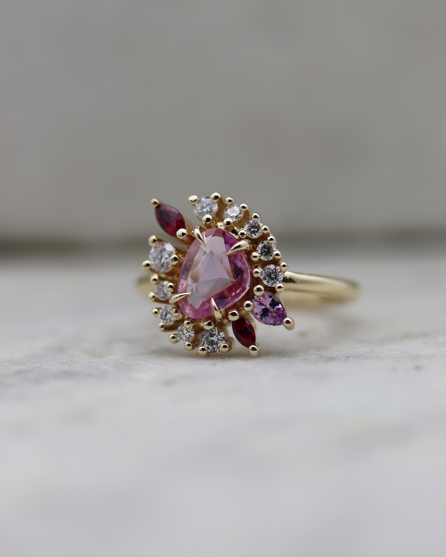 Painter’s Palette 0.70ct Pink Rose Cut Sapphire and Ruby Cluster Ring