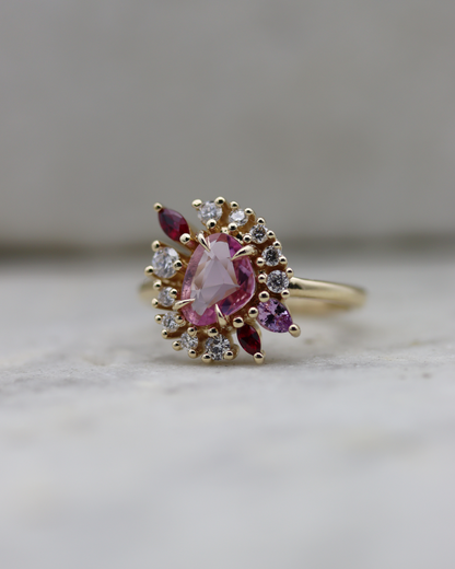 Painter’s Palette 0.70ct Pink Rose Cut Sapphire and Ruby Cluster Ring