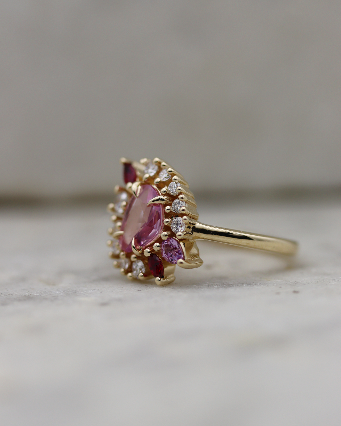 Painter’s Palette 0.70ct Pink Rose Cut Sapphire and Ruby Cluster Ring