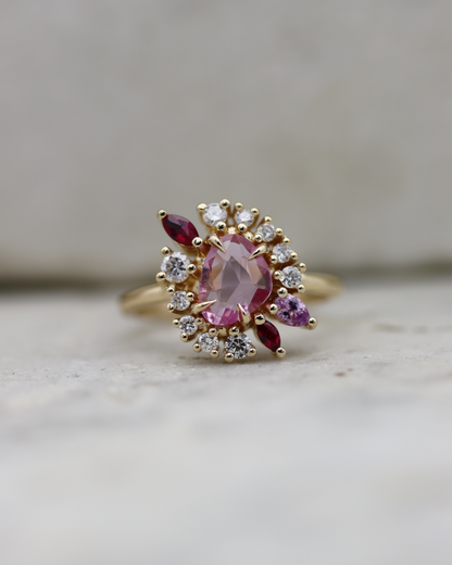 Painter’s Palette 0.70ct Pink Rose Cut Sapphire and Ruby Cluster Ring
