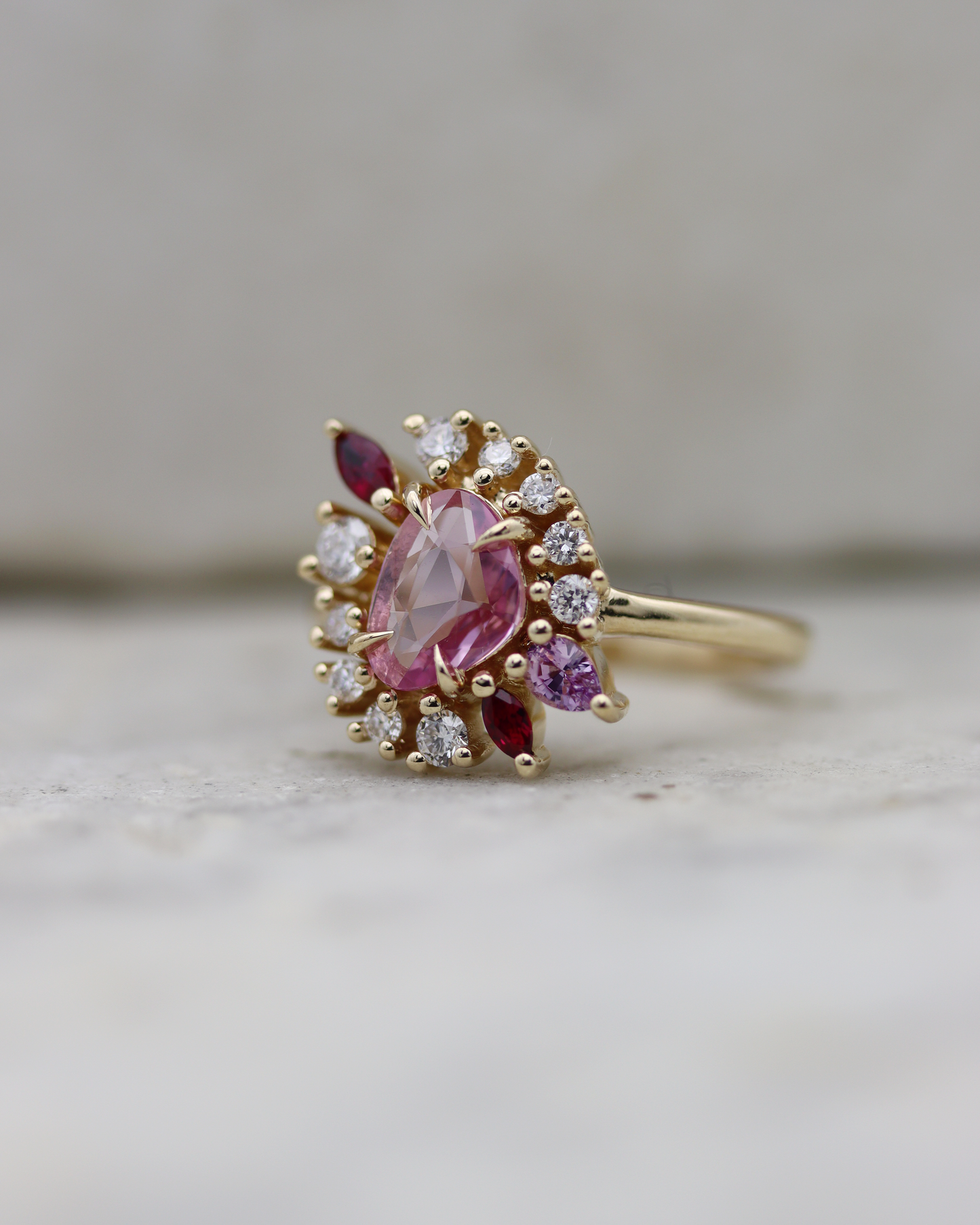 Painter’s Palette 0.70ct Pink Rose Cut Sapphire and Ruby Cluster Ring