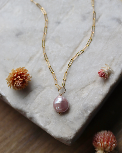 Pink Coin Pearl Pendant on Paperclip Chain