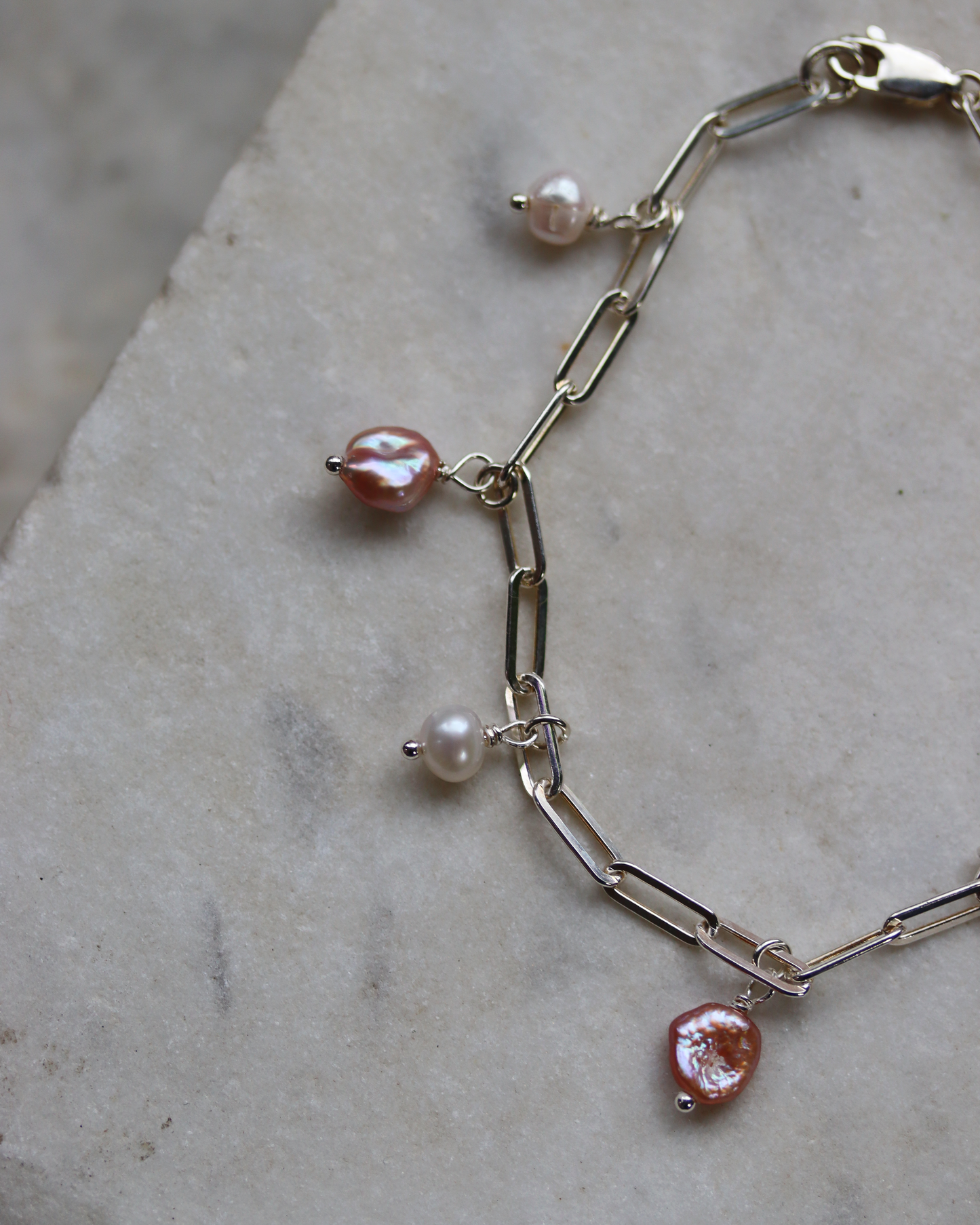 Sterling Silver Paperclip Pearl Charm Bracelet - Pink and White