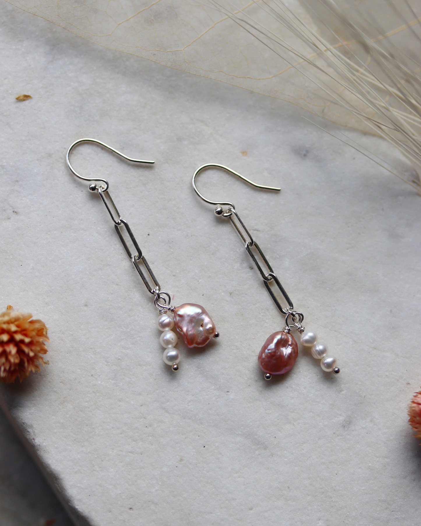 Pink and White Pearl Paperclip Chain Earrings
