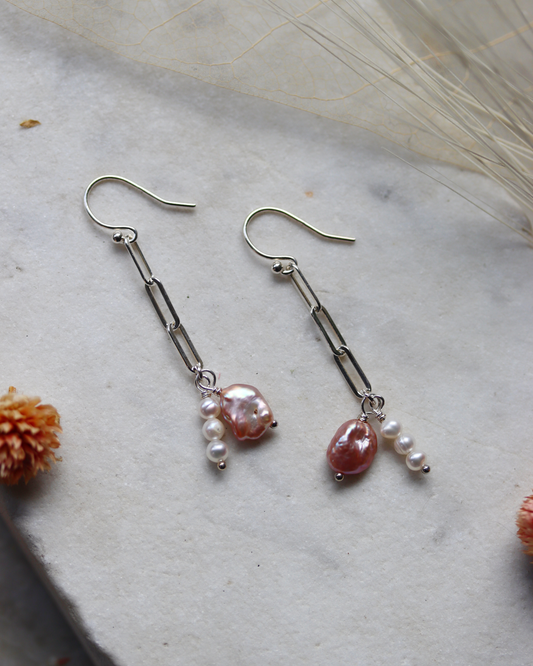 Pink and White Pearl Paperclip Chain Earrings