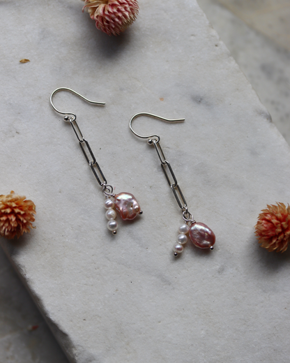 Pink and White Pearl Paperclip Chain Earrings