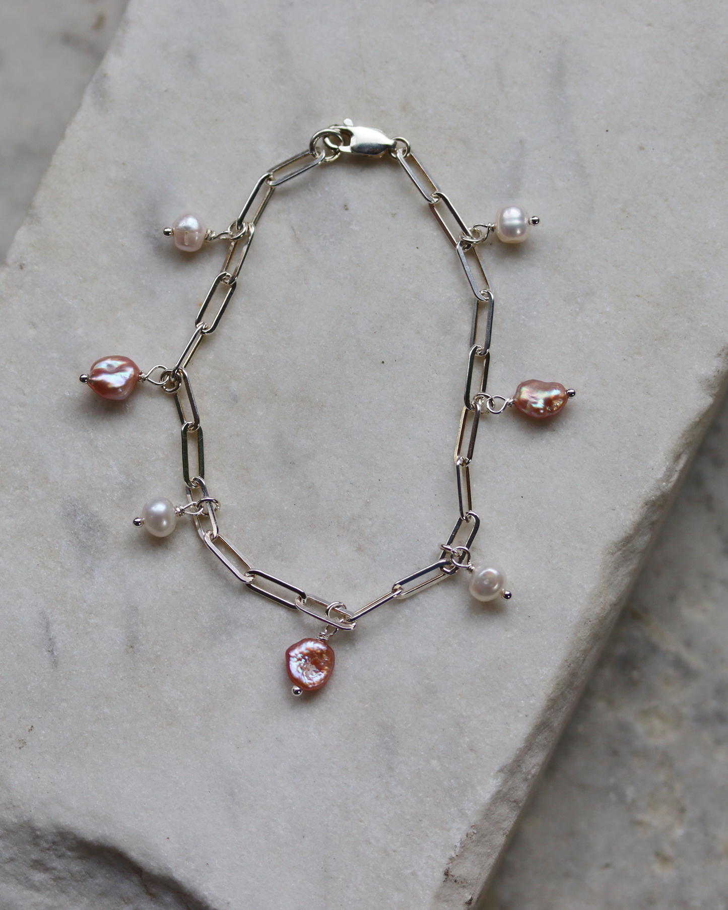 Sterling Silver Paperclip Pearl Charm Bracelet - Pink and White