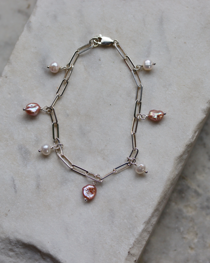 Sterling Silver Paperclip Pearl Charm Bracelet - Pink and White