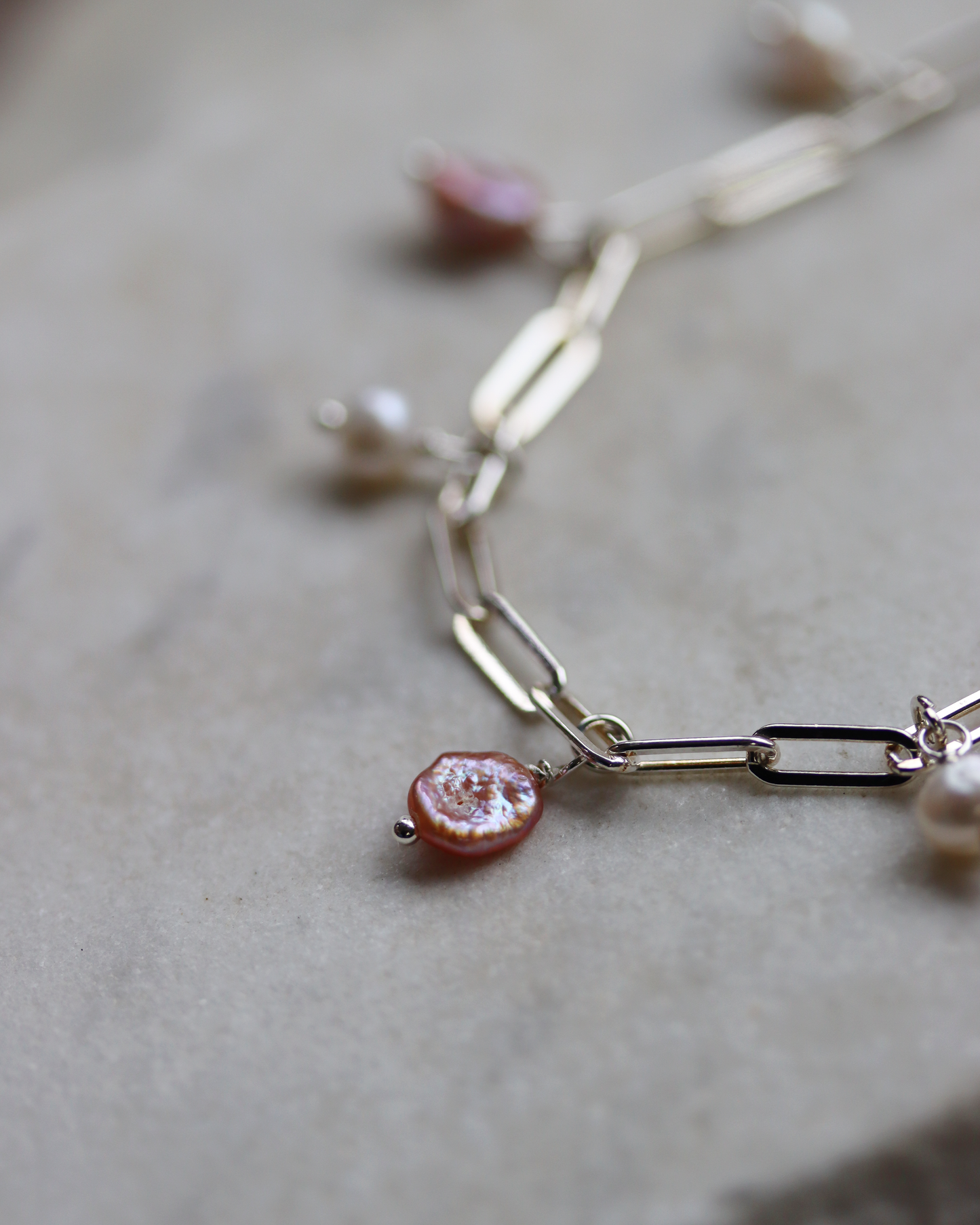 Sterling Silver Paperclip Pearl Charm Bracelet - Pink and White