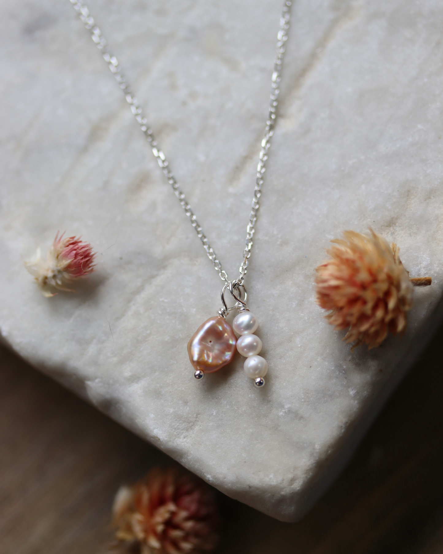Pink and White Pearl Charm Necklace - Sterling Silver