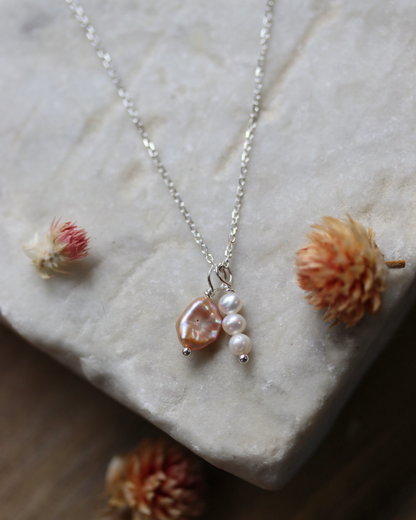 Pink and White Pearl Charm Necklace - Sterling Silver