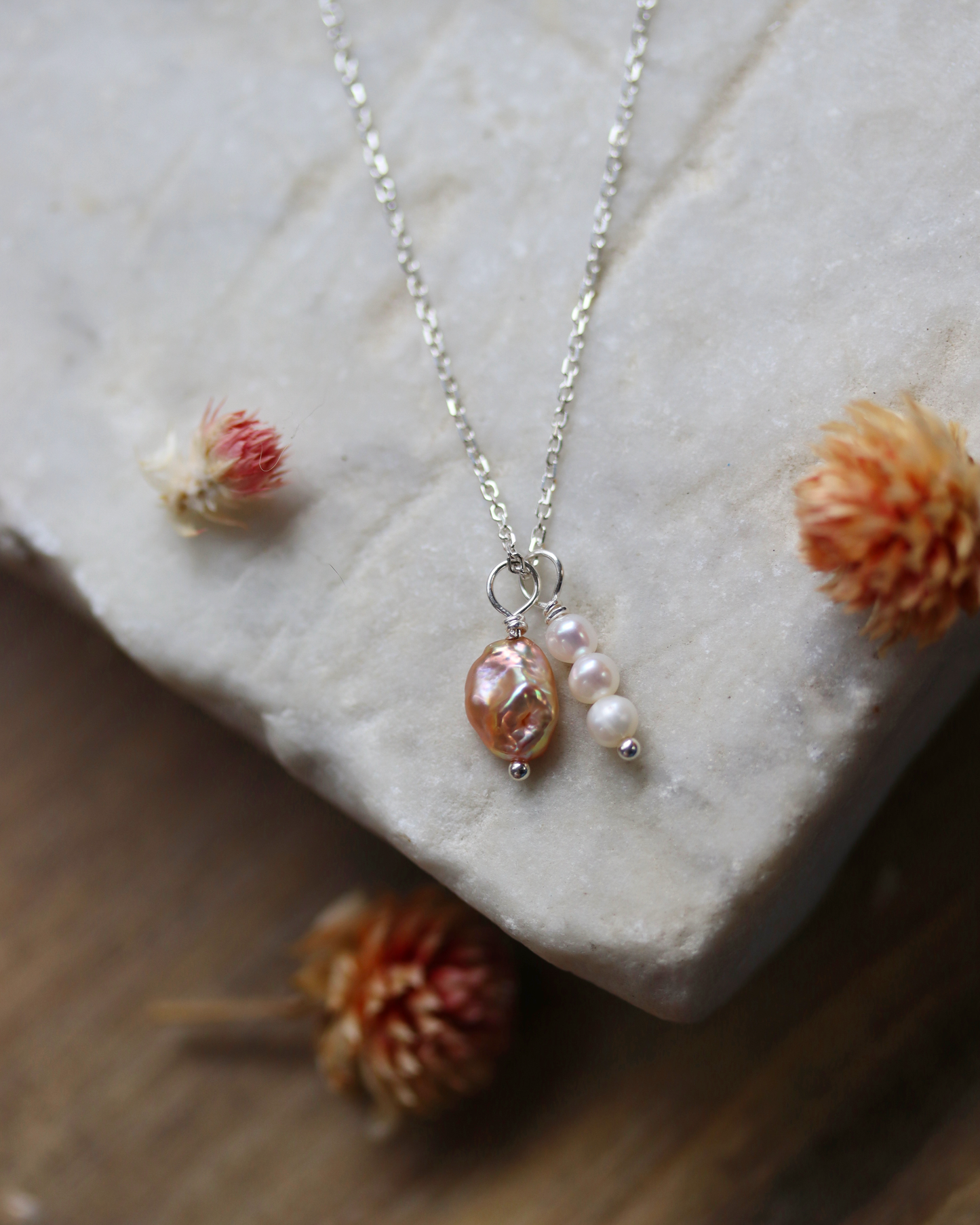 Pink and White Pearl Charm Necklace - Sterling Silver