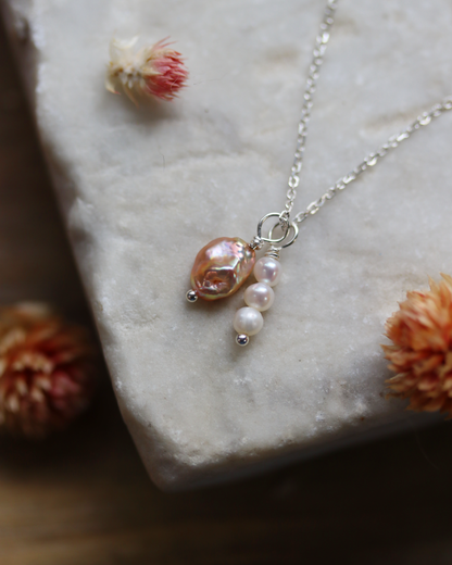 Pink and White Pearl Charm Necklace - Sterling Silver