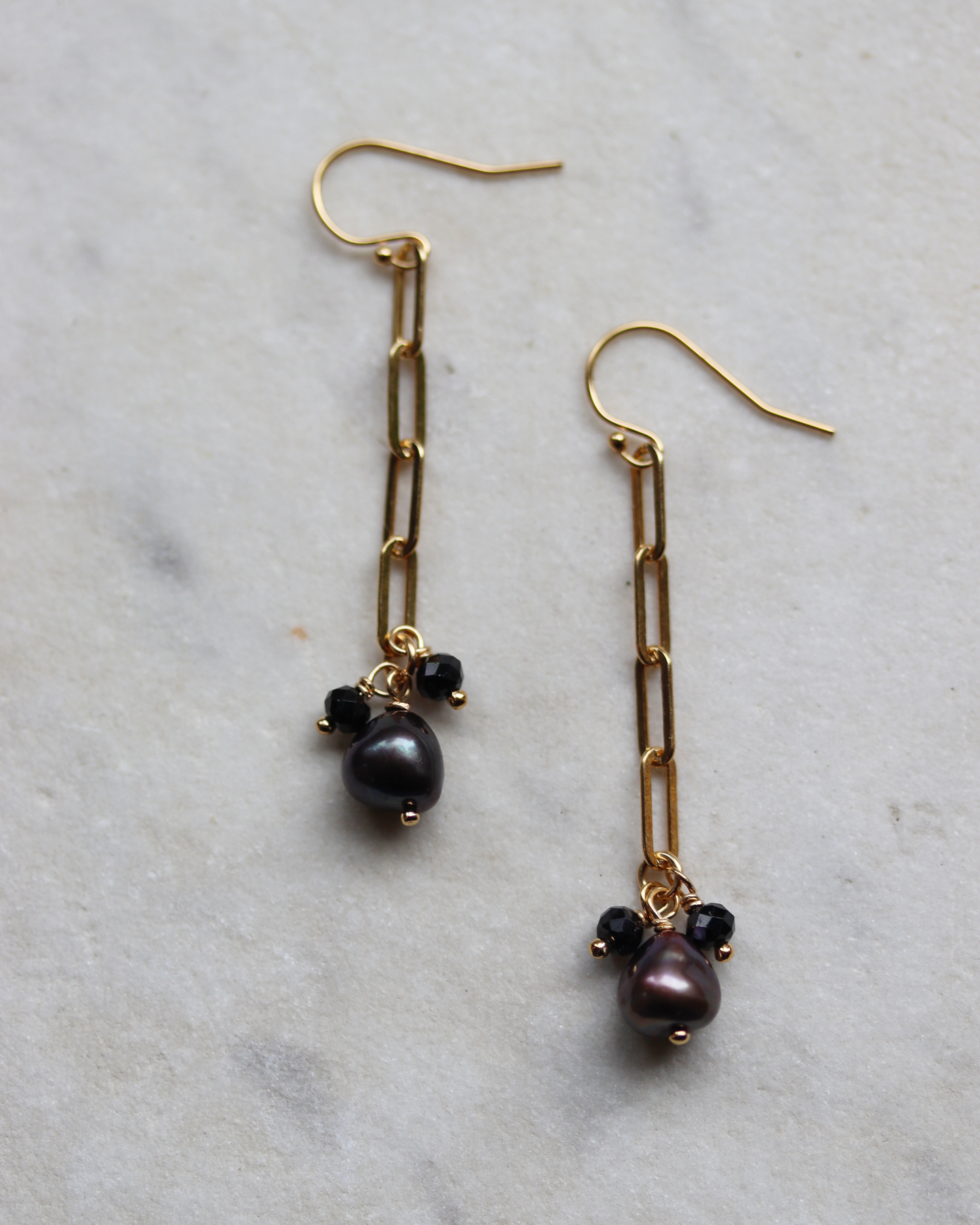 Gold Fill Paperclip Chain Earrings with Plum Pearl and Black Spinel Charms