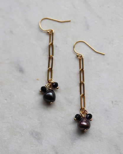 Gold Fill Paperclip Chain Earrings with Plum Pearl and Black Spinel Charms