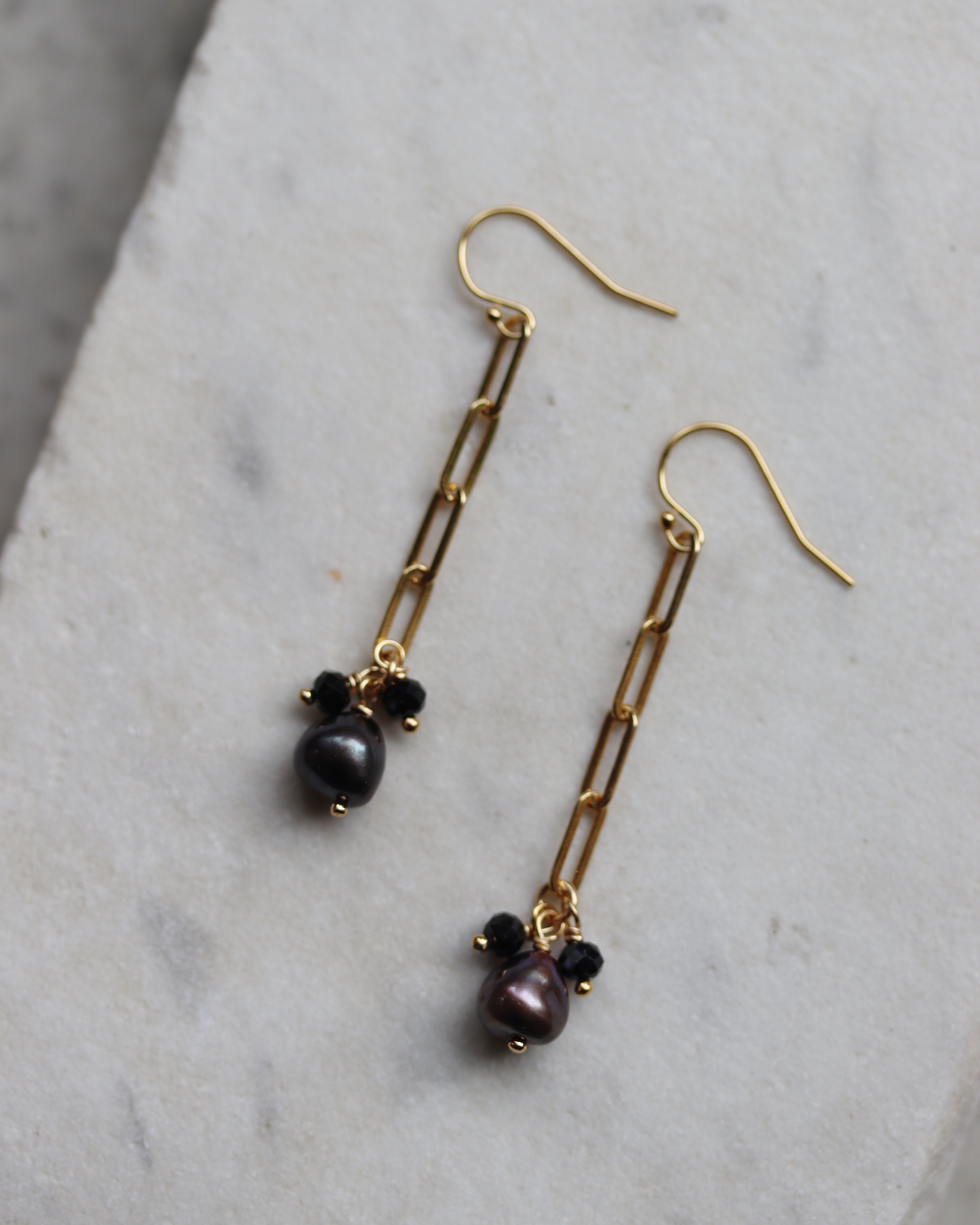 Gold Fill Paperclip Chain Earrings with Plum Pearl and Black Spinel Charms
