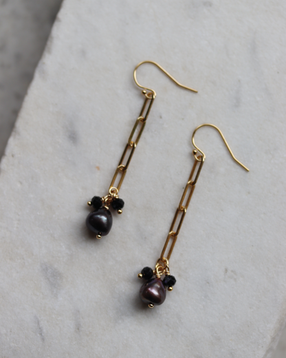 Gold Fill Paperclip Chain Earrings with Plum Pearl and Black Spinel Charms