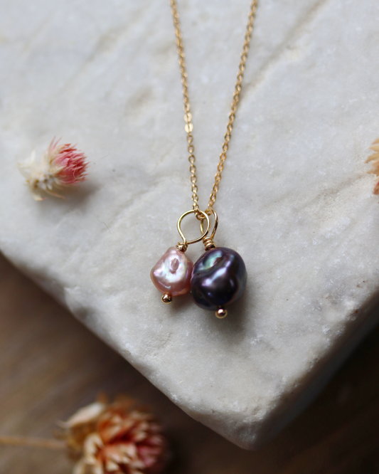 Plum and Pink Pearl Charm Necklace - Gold Fill