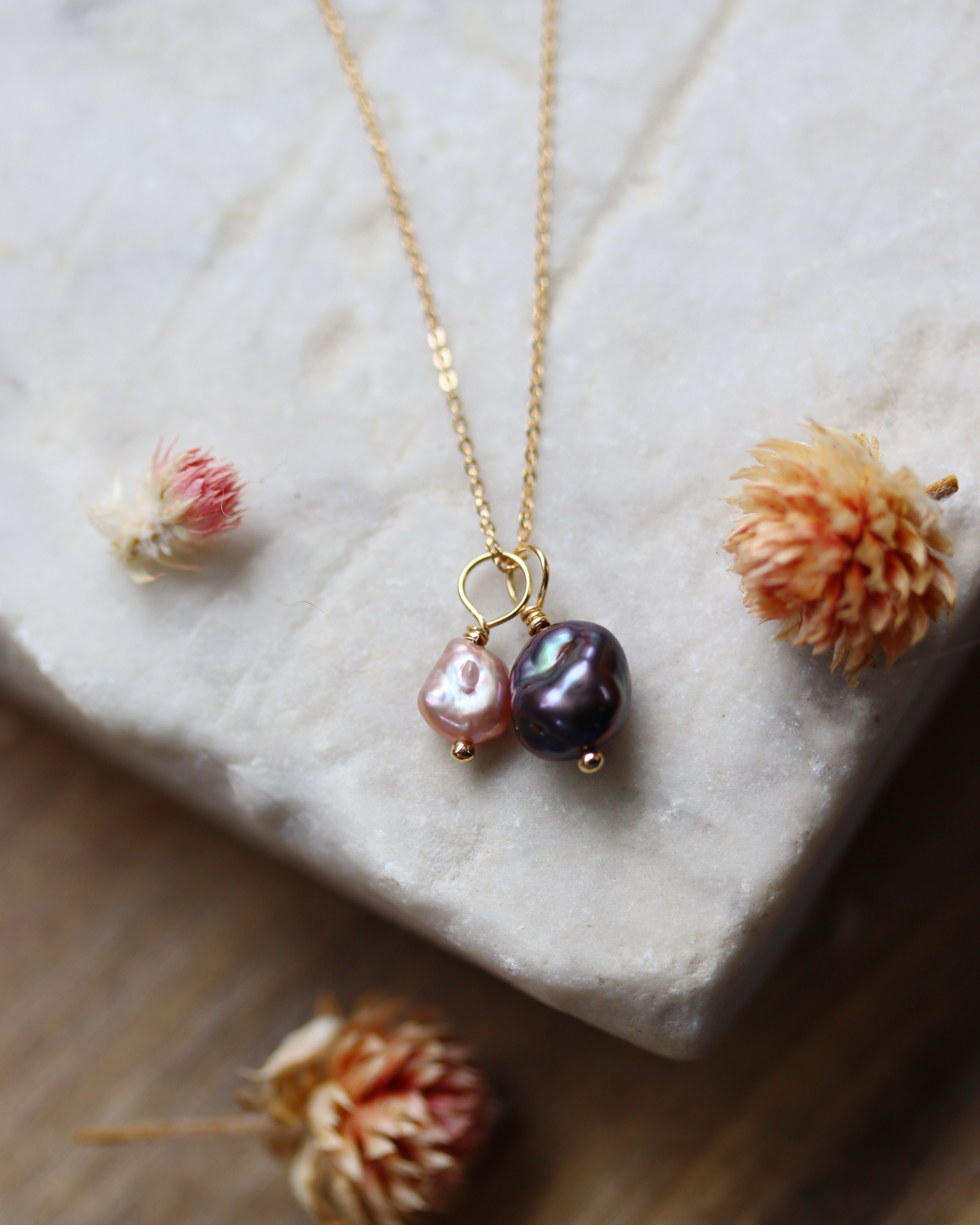 Plum and Pink Pearl Charm Necklace - Gold Fill
