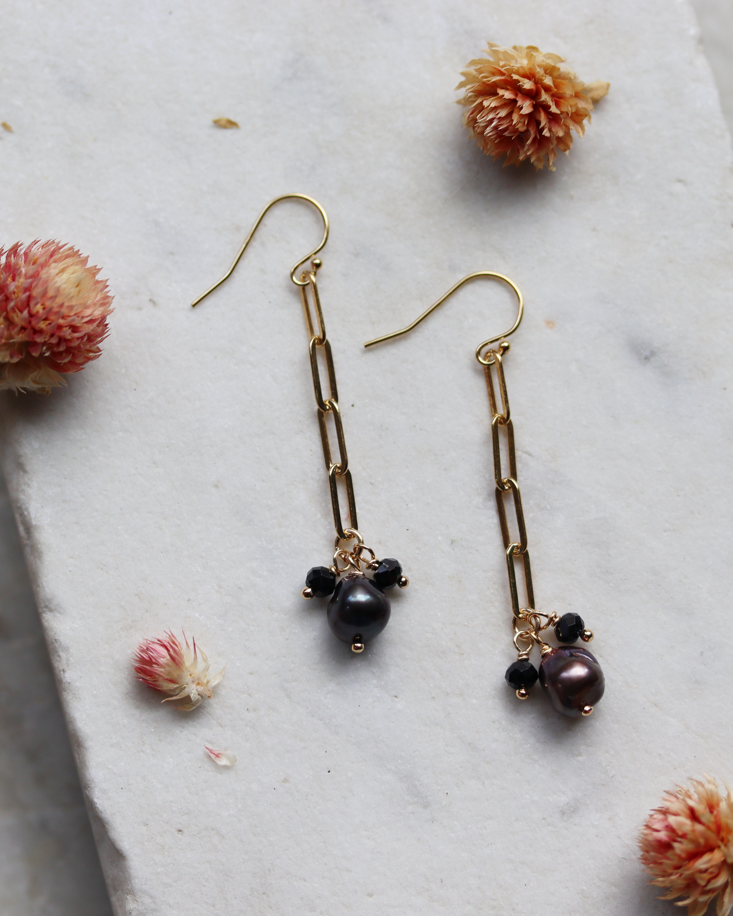 Gold Fill Paperclip Chain Earrings with Plum Pearl and Black Spinel Charms