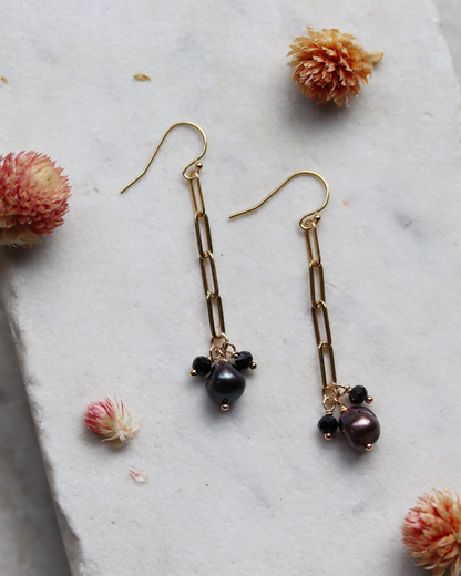 Gold Fill Paperclip Chain Earrings with Plum Pearl and Black Spinel Charms