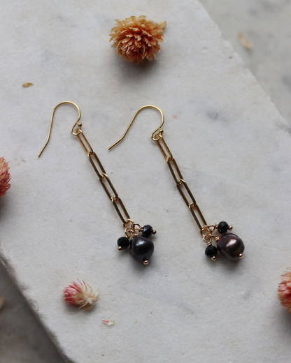 Gold Fill Paperclip Chain Earrings with Plum Pearl and Black Spinel Charms