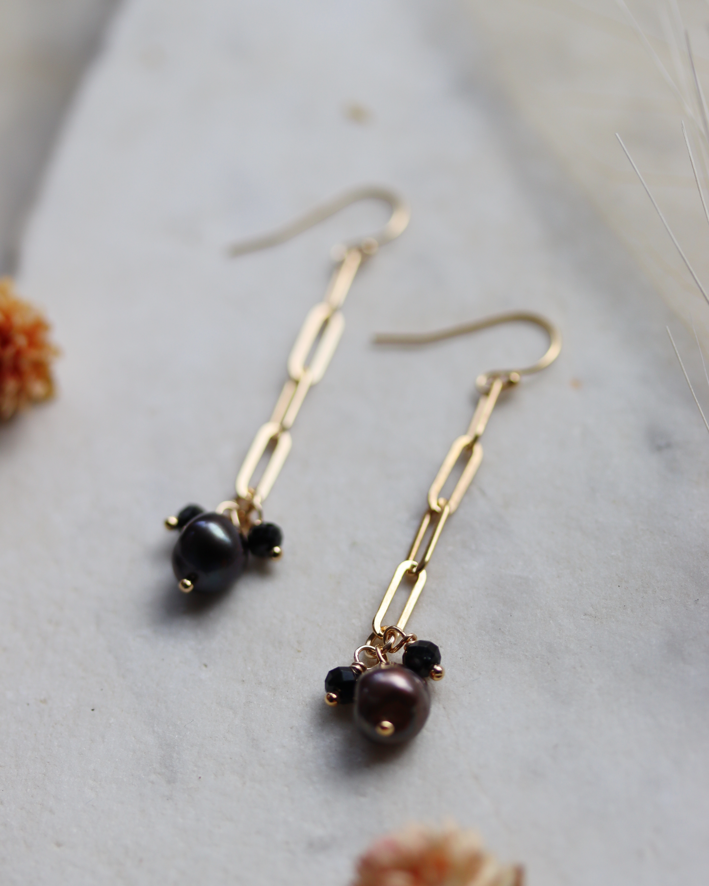 Gold Fill Paperclip Chain Earrings with Plum Pearl and Black Spinel Charms
