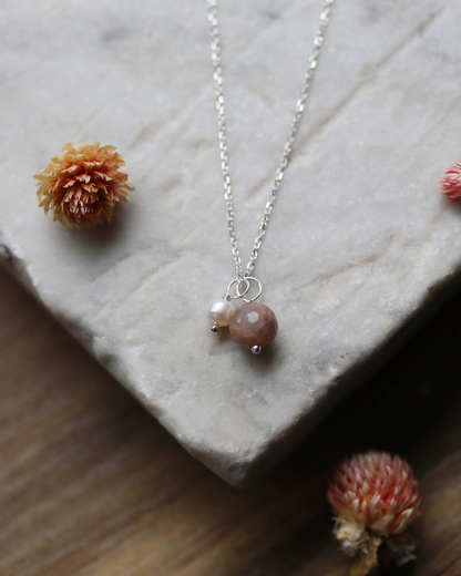 Earth and Moon Necklace - Sterling Silver, Sunstone and Pearl