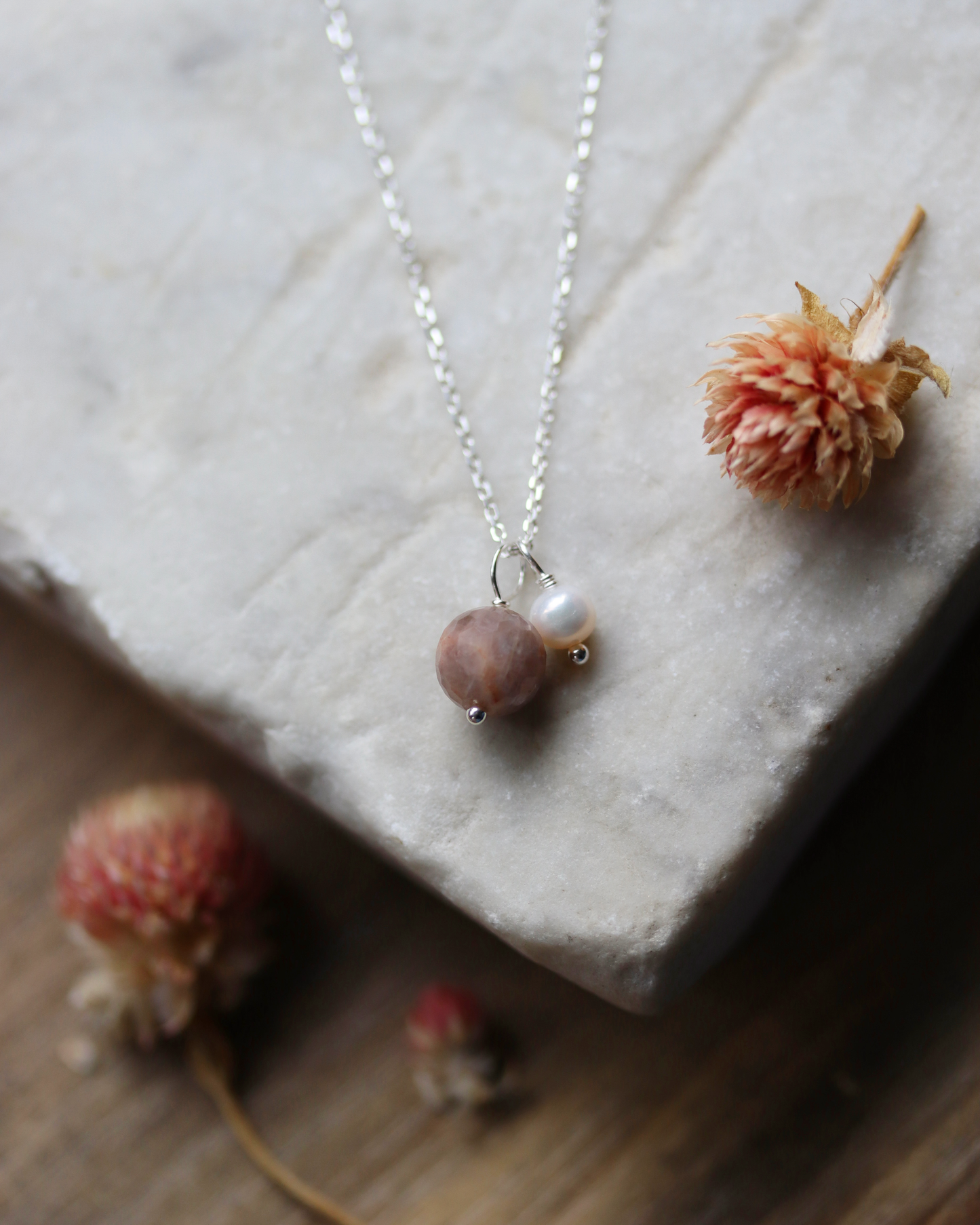 Earth and Moon Necklace - Sterling Silver, Sunstone and Pearl