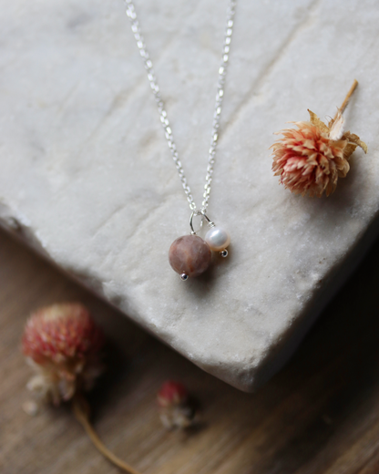 Earth and Moon Necklace - Sterling Silver, Sunstone and Pearl