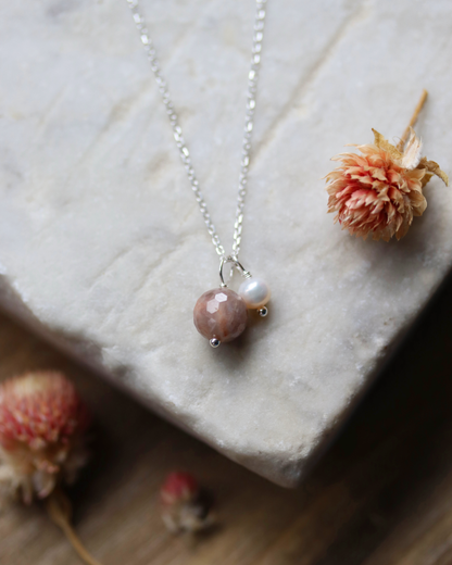 Earth and Moon Necklace - Sterling Silver, Sunstone and Pearl