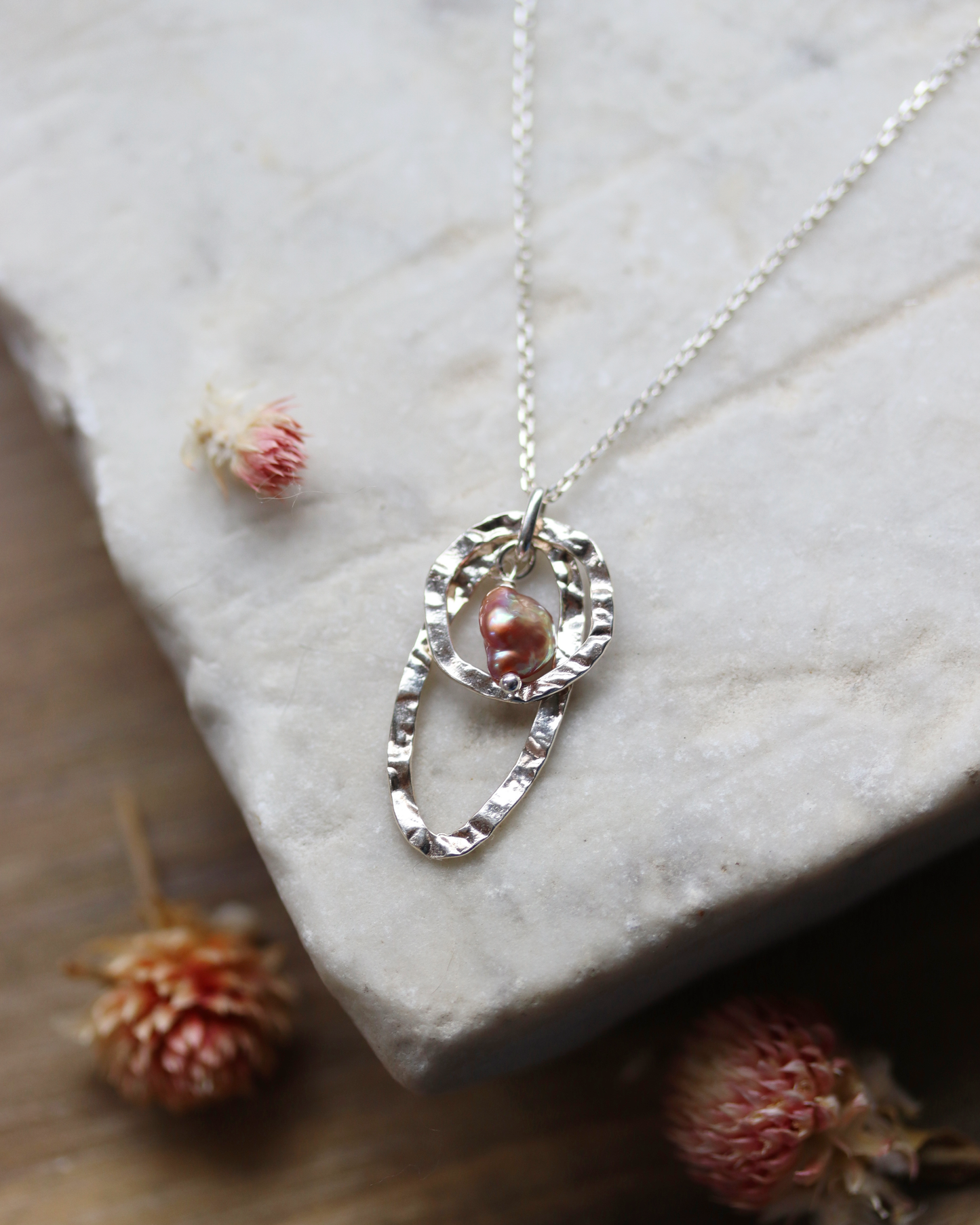 Textured Link and Pink Pearl Necklace - Sterling Silver
