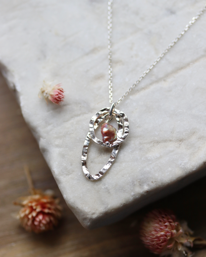 Textured Link and Pink Pearl Necklace - Sterling Silver