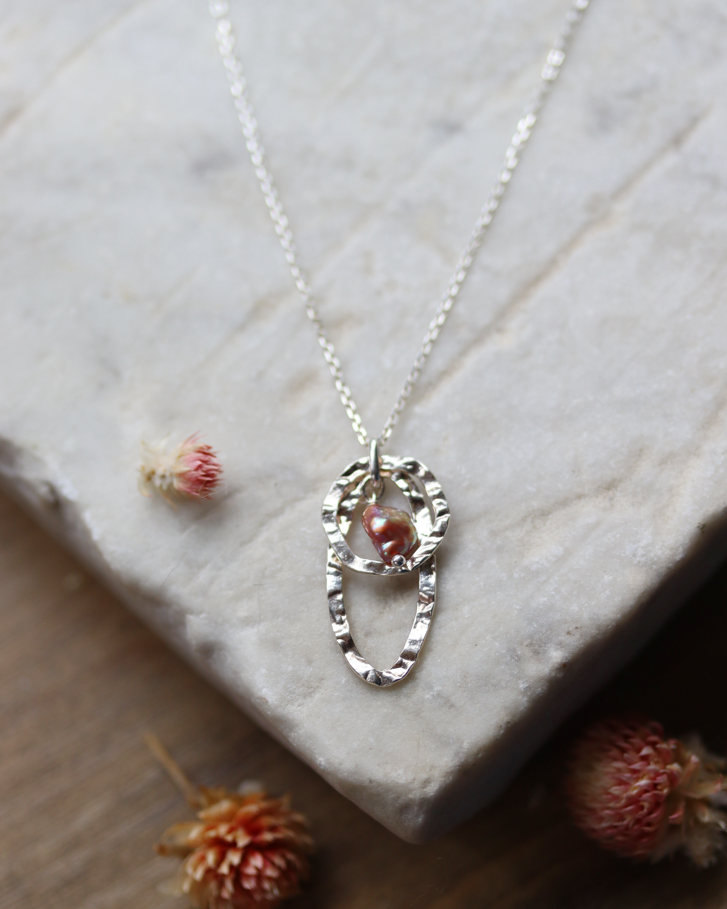 Textured Link and Pink Pearl Necklace - Sterling Silver