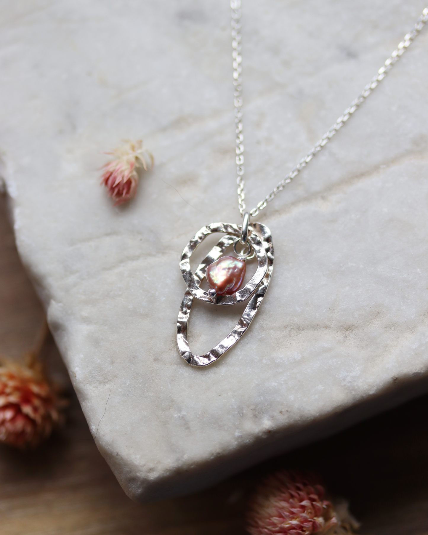 Textured Link and Pink Pearl Necklace - Sterling Silver