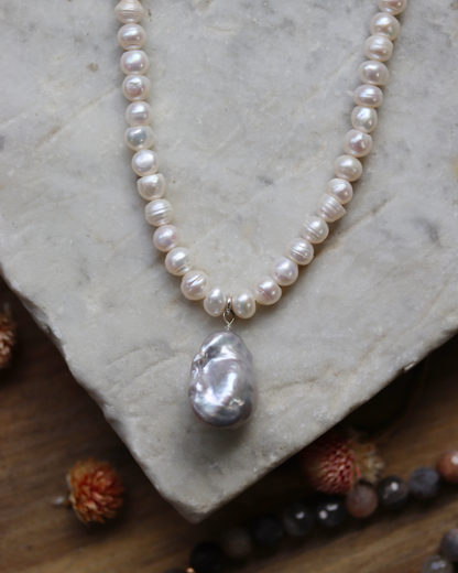 Silver Baroque Pearl Statement Necklace