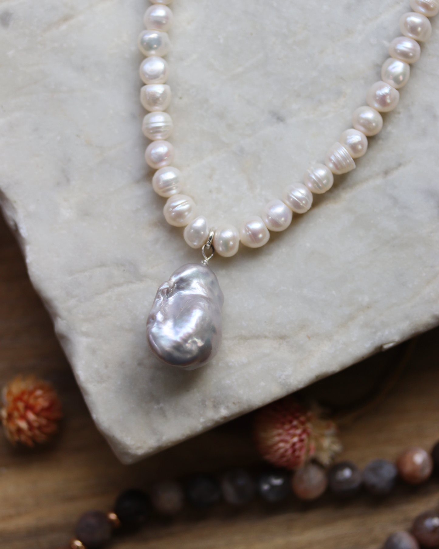 Silver Baroque Pearl Statement Necklace