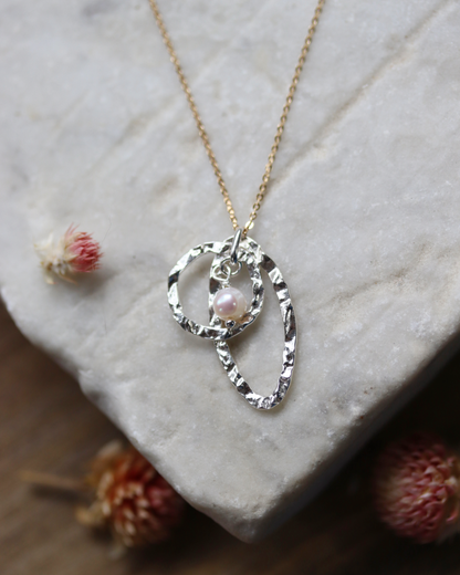 Textured Link and White Pearl Necklace - Mixed Metal