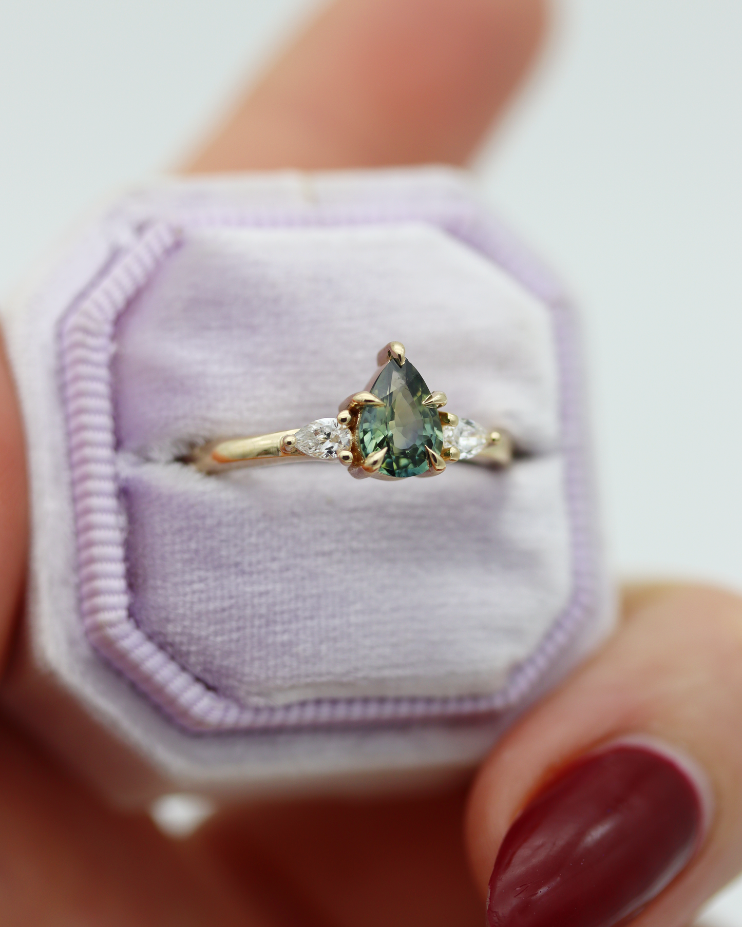 Aberdeen 0.80ct Teal Pear Cut Sapphire Three-Stone Engagement Ring (Available for Custom)