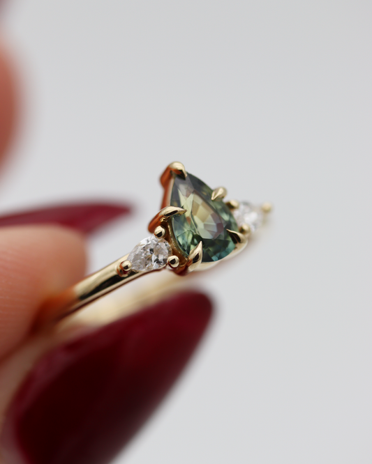 Aberdeen 0.80ct Teal Pear Cut Sapphire Three-Stone Engagement Ring (Available for Custom)