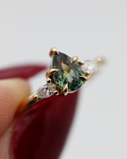 Aberdeen 0.80ct Teal Pear Cut Sapphire Three-Stone Engagement Ring (Available for Custom)
