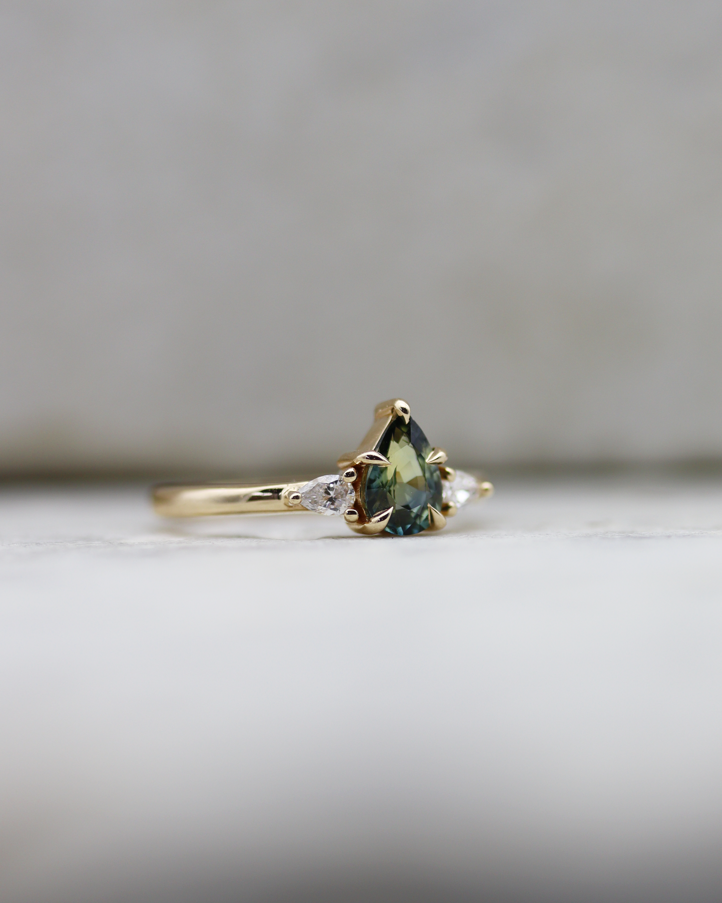 Aberdeen 0.80ct Teal Pear Cut Sapphire Three-Stone Engagement Ring (Available for Custom)