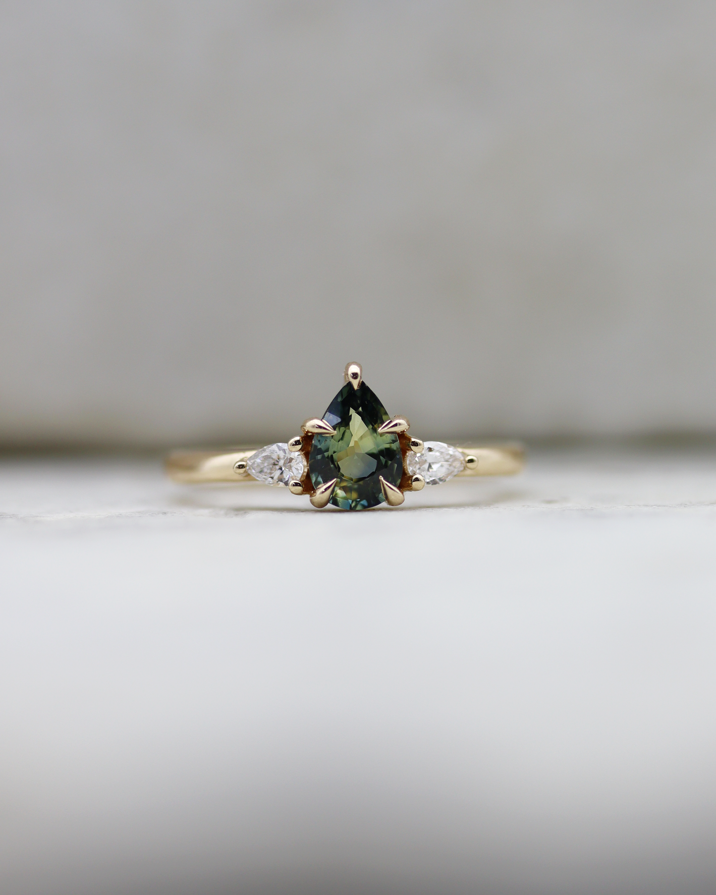 Aberdeen 0.80ct Teal Pear Cut Sapphire Three-Stone Engagement Ring (Available for Custom)