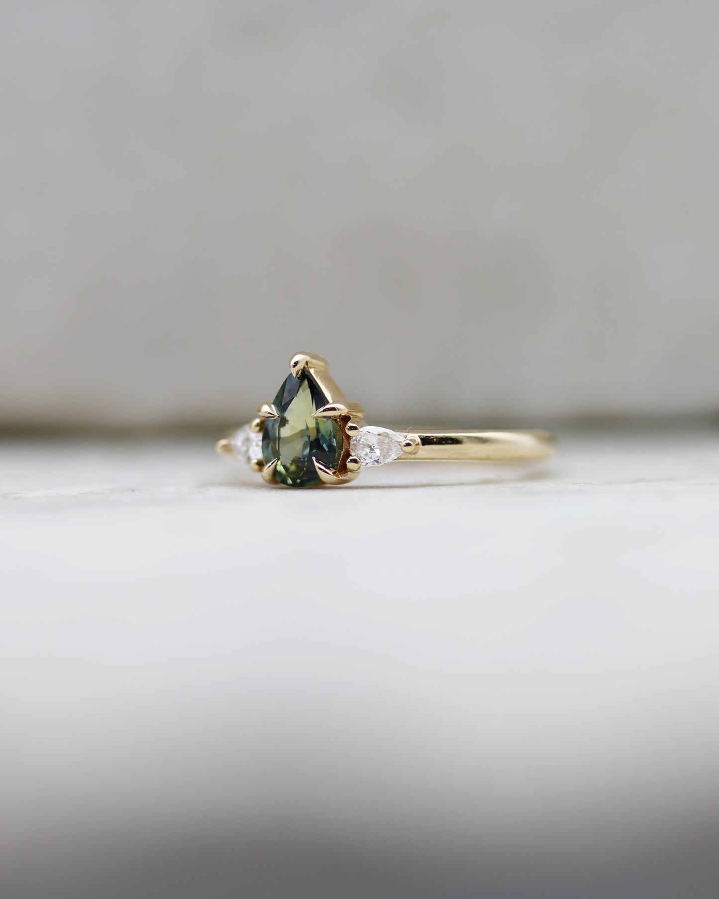 Aberdeen 0.80ct Teal Pear Cut Sapphire Three-Stone Engagement Ring (Available for Custom)