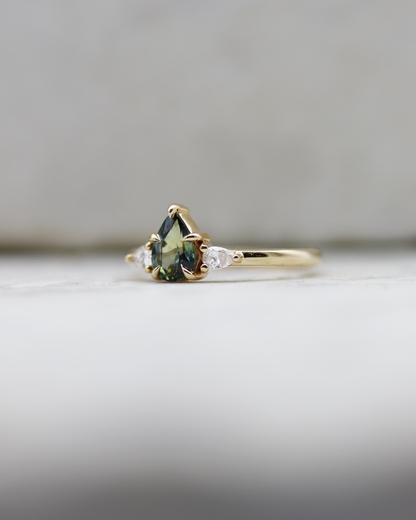 Aberdeen 0.80ct Teal Pear Cut Sapphire Three-Stone Engagement Ring (Available for Custom)