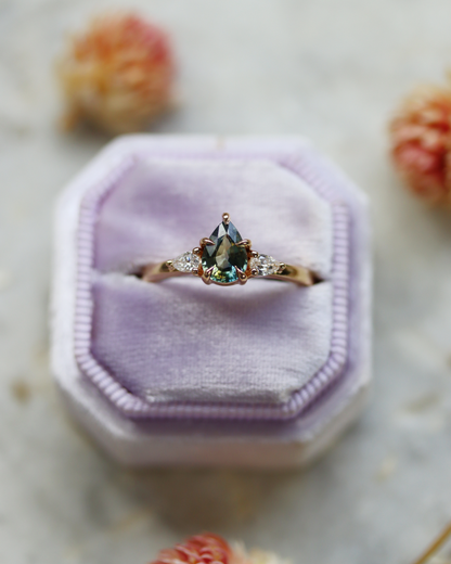 Aberdeen 0.80ct Teal Pear Cut Sapphire Three-Stone Engagement Ring (Available for Custom)