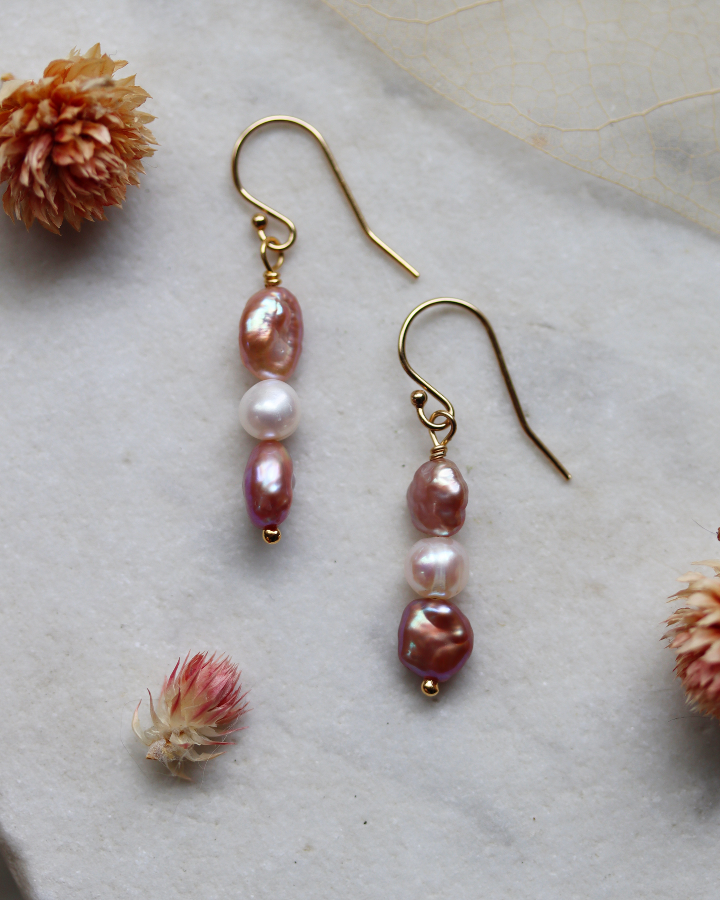 Triple Pearl Dangle Earrings - Pink and White
