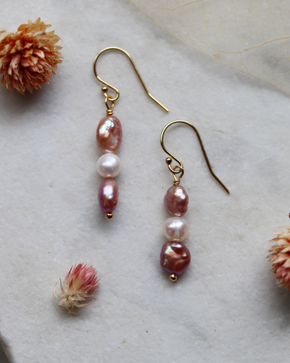 Triple Pearl Dangle Earrings - Pink and White