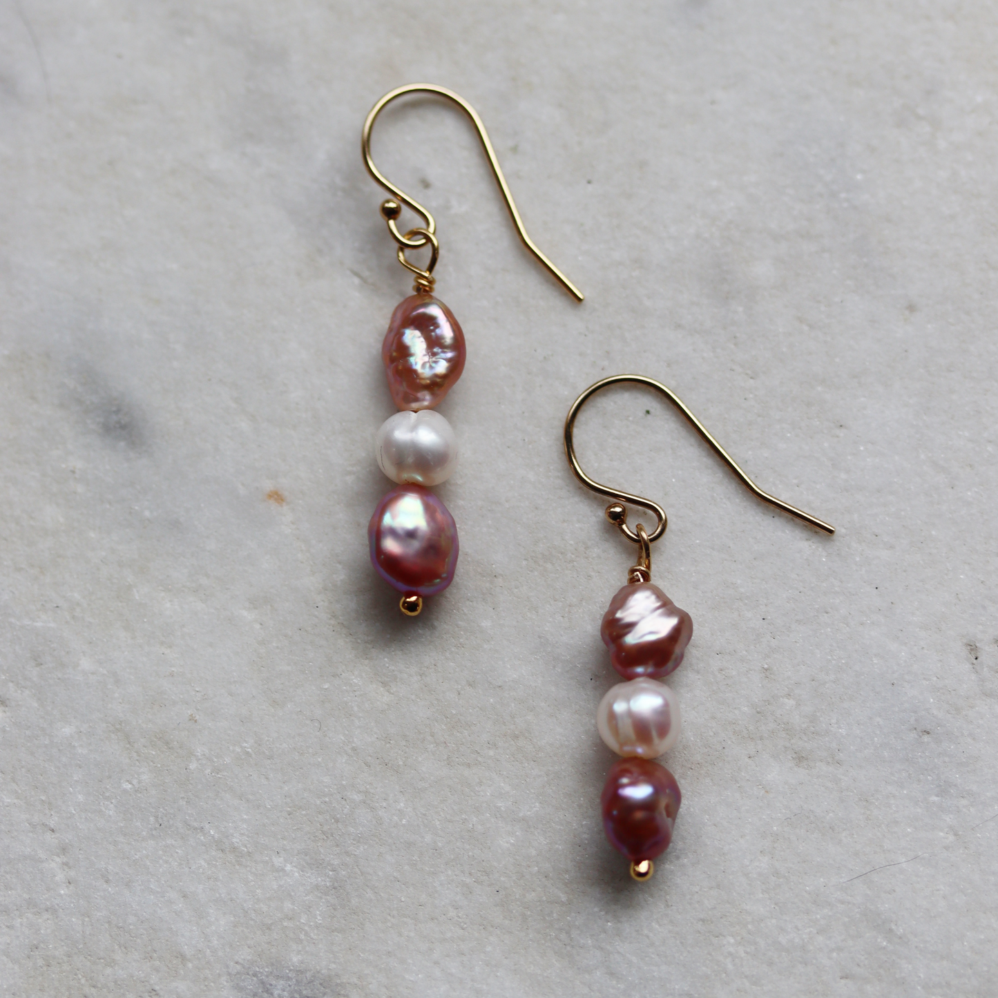 Triple Pearl Dangle Earrings - Pink and White