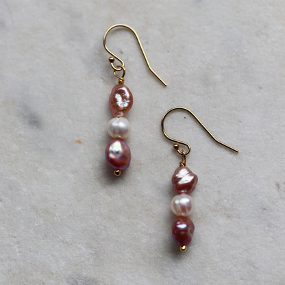 Triple Pearl Dangle Earrings - Pink and White